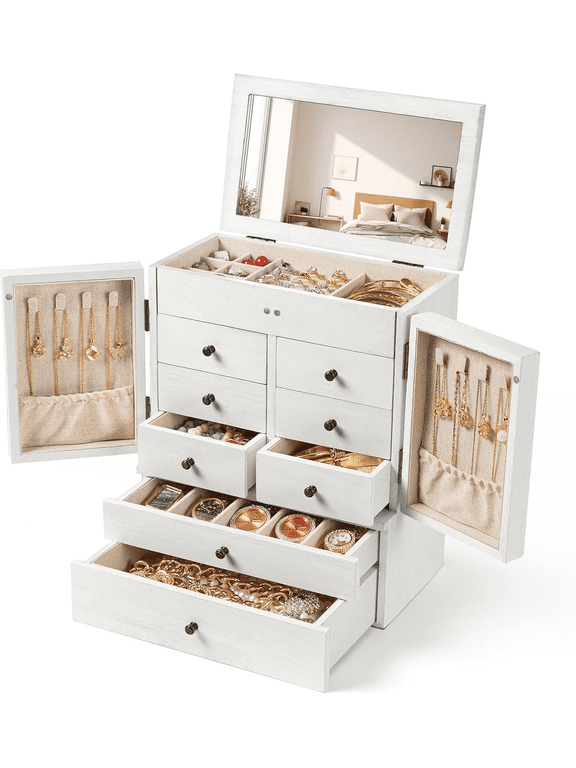 Jewelry Box for Women Wooden Jewelry Boxes 6-Layer Rustic Large Jewelry Organizer Box with Mirror & 8 Drawers White