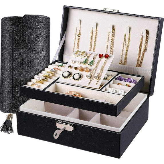 Jewelry Box and wallet for Women Girls Gift, Travel Jewelry Organizer Large 2 Layer with Removable Tray, Jewelry Holder with Lock for Necklace Earrings Rings Bracelets