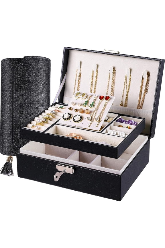 Jewelry Box and wallet for Women Girls Gift, Travel Jewelry Organizer Large 2 Layer with Removable Tray, Jewelry Holder with Lock for Necklace Earrings Rings Bracelets