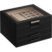GENERIC Jewelry Box with Glass Lid 3-Layer Jewelry Organizer 2 Drawers for Big and Small Jewelry Jewelry Storage Modern Style Graphite Black and Silver