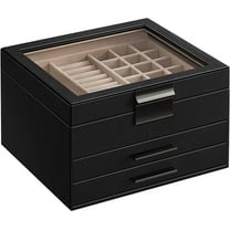 Jewelry Box with Glass Lid 3-Layer Jewelry Organizer 2 Drawers for Big and Small Jewelry Jewelry Storage Modern Style Graphite Black and Silver
