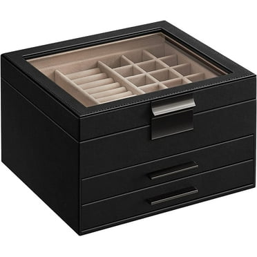 Jewelry Box with Glass Lid 3-Layer Jewelry Organizer 2 Drawers for Big and Small Jewelry Jewelry Storage Modern Style Graphite Black and Silver