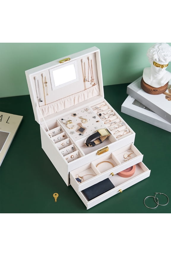 Jewelry Box with Lock and Mirror - 3-Tier Display Organizer Storage Case for Earrings, Bracelets, Rings, and Watches