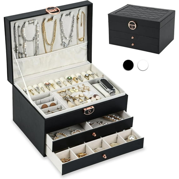 Jewelry Box with Organizer Drawer, 3-Layer Jewelry Organizer box for Rings Earrings Necklace Bracelets jewelry boxes, Gift for Women Girls (Black)