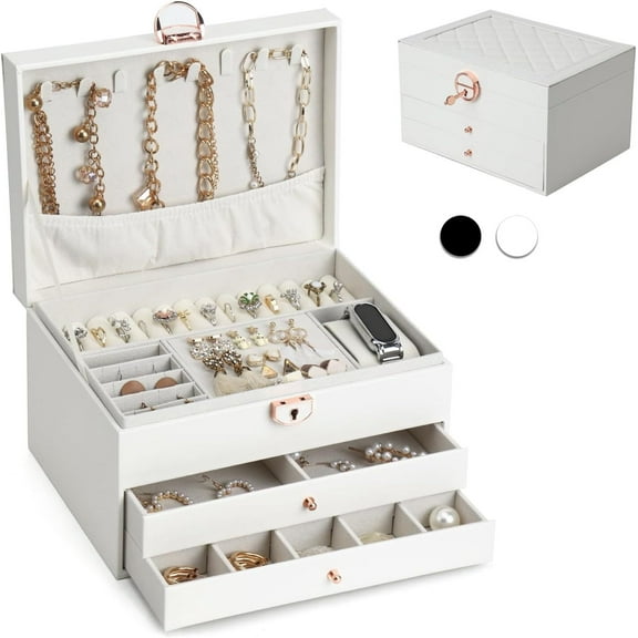 Jewelry Box with Organizer Drawer, 3-Layer Jewelry Organizer box for Rings Earrings Necklace Bracelets jewelry boxes, Gift for Women Girls (White)