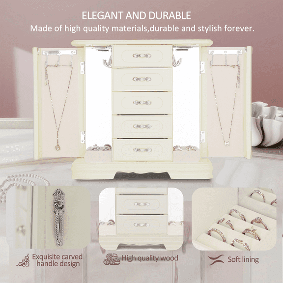 12in Off-White Jewelry Box,Handle Carving Craft Jewelry Box Wooden,with 12Hooks and Velvet Lining Jewelry Organizer Wood,For Watch Necklace Ring Earring Storage Gifts