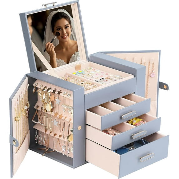 Jewelry Boxes for Women, 4 Layer Jewelry Organizer with 2 Doors for Necklaces Hanging and 2 Closet for Earrings Hanging, Large Jewelry Box with Mirror (Grey)