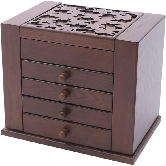 Jewelry Boxes for Women Vintage Wooden Jewelry Box with Mirror 5 Tier Jewellery Organizer Box with 4 Drawers Rustic Wooden Jewelry Boxes & Organizers for Necklaces Earrings Rings Bracelets (brown)