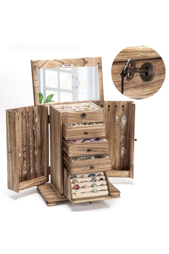 Jewelry Boxes for Women, 5 Layer Large Wooden Jewelry Boxes & Organizers with Lock for Necklaces Earrings Rings Bracelets, Rustic Brown