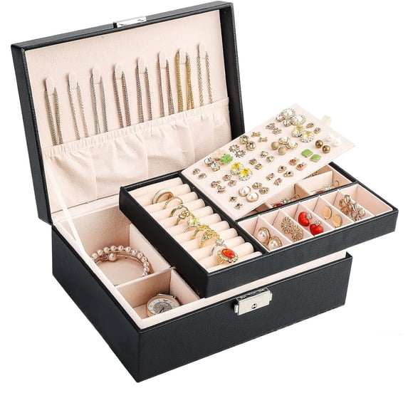 Jewelry Boxes for Women Girls 2 Layers leather Jewelry Organizer Case with Lock Storage Box Removable Tray for Necklace Earring Ring