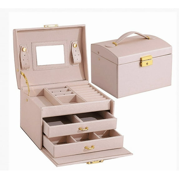 Jewelry Boxes for Women Girls, Jewelry Organizer Box with Mirror, 3 Layers Jewelry Storage Organizer for Earring, Ring, Necklace, Bracelets (Pink)