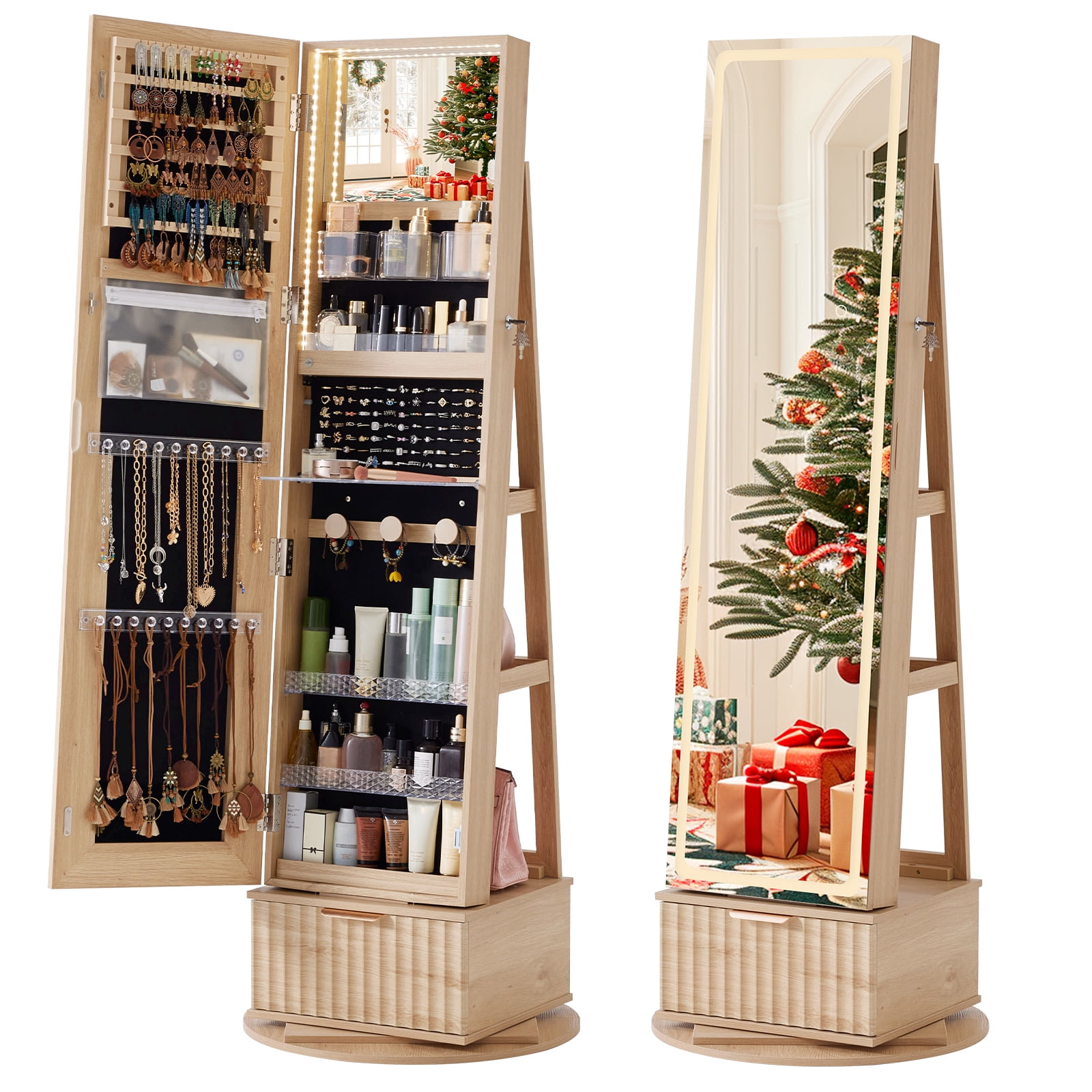Jewelry Cabinet, 360° Swivel Jewelry Armoire with Lock, Full-Length