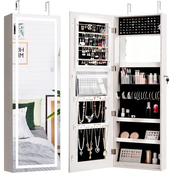 Jewelry Cabinet Armoire Door Wall Mount, 47.2in Lockable Touch Screen Lighted Full Length Mirror, 3 Lighting Settings, Inside Makeup Mirror, Jewelry Storage Box Organizer (Grayish White)