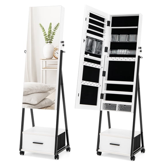 Jewelry Cabinet Armoire Full Length Mirror Lockable w/ Bottom Drawer & Wheels For Daily Life