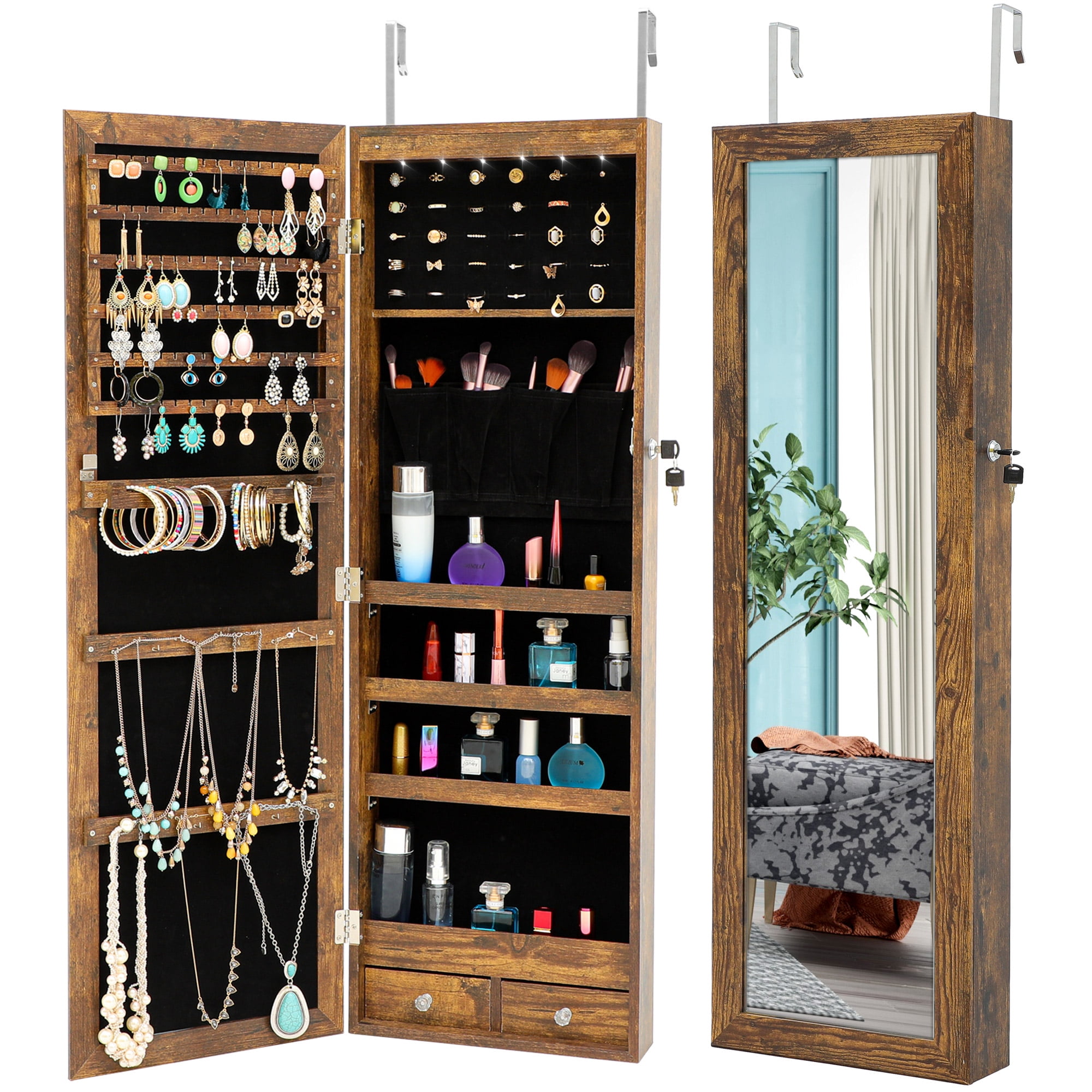 Jewelry Cabinet Armoire with Mirror Wall Door Mount Storage Organizer with Full Length Mirror Lockable Cabinet with Built in LED Light Shelves Antique
