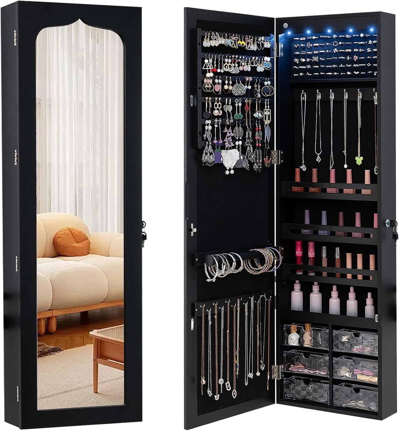 Full Length Mirror Jewelry Armoire Wall Mount for Elegant Storage & Display