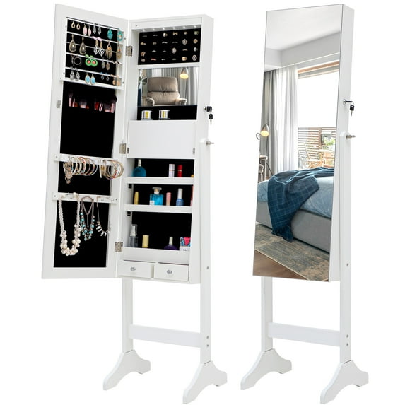 Mirror Jewelry Cabinet with 6 LED Lights, Lockable Standing Jewelry Armoire with Full-length Mirror, Storage Organizer with Drawers and Shelves, 3 Angles Adjustable, White, D8821