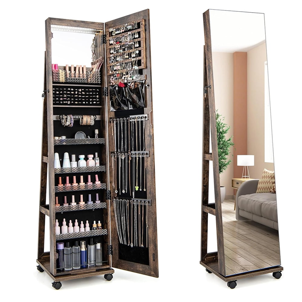 Jewelry Organizer Cabinet With Full-Length Mirror – 360° Rotating, LED Lights, Lockable Drawers, White Finish