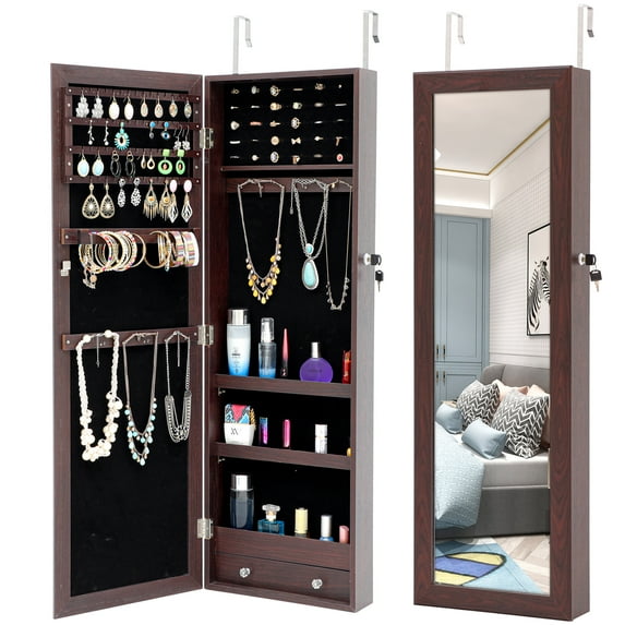 Jewelry Cabinet with Full-length Mirror, Wall/Door Mounted Mirror Jewelry Armoire Storage Organizer, Lockable Storage Unit with 3 Cosmetic Trays and Drawer, Brown, D8771