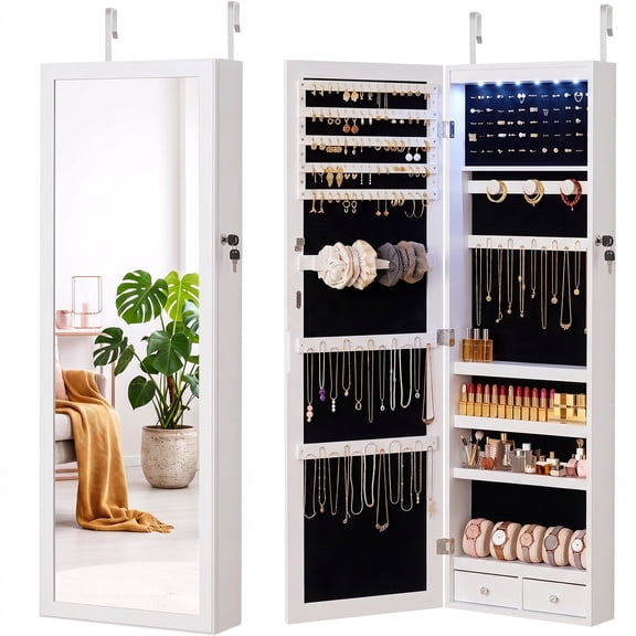 TINKLE WELL Jewelry Cabinet Organizer with Mirror, Wall or Door Mounted Jewelry Storage, 47.2 Inch Large Capacity Armoire with 6 LEDs Secure Lock, White