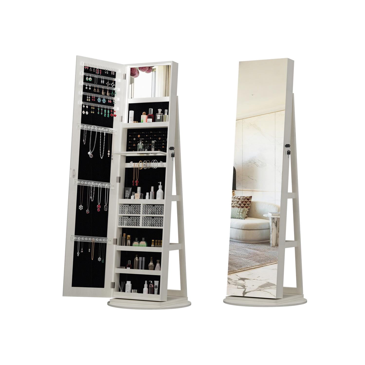 Jewelry Cabinet, Rotating Jewelry Armoire, Full Length Mirror with 360° Swivel Base, LED Interior Light, 120 Earring Slots, 91 Ring Slots, 18 Necklace Hooks, White for Bedroom Vanity