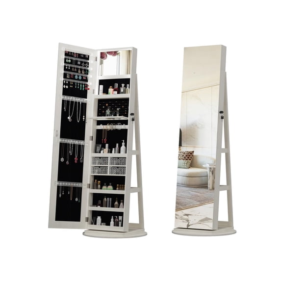 Jewelry Cabinet, Rotating Jewelry Armoire, Full Length Mirror with 360° Swivel Base, LED Interior Light, 120 Earring Slots, 91 Ring Slots, 18 Necklace Hooks, White for Bedroom Vanity