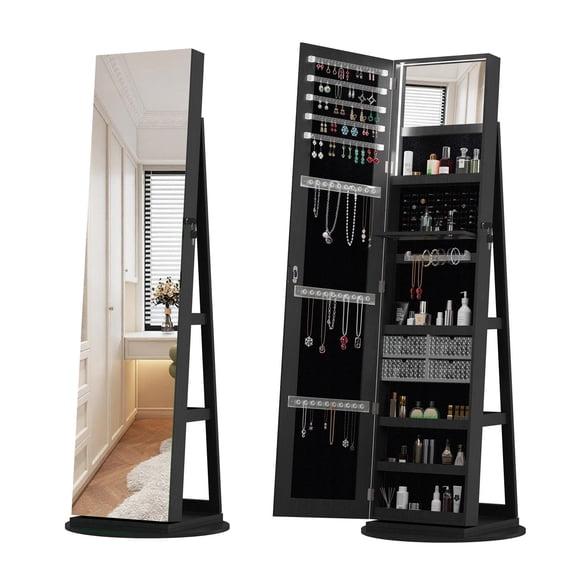 Jewelry Cabinet, Rotating Jewelry Armoire, Full Length Mirror with 360° Swivel Base, Lockable Storage, 30 Necklace Hooks, Ring Slots, Acrylic Shelf, Black for Bedroom Closet Dressing Room