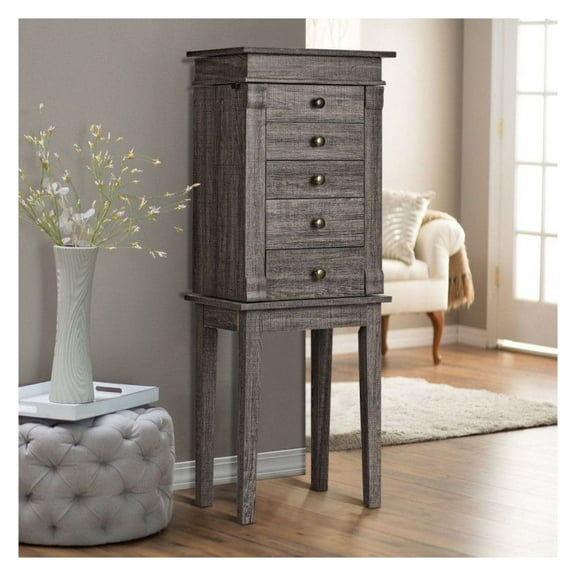 Jewelry Cabinet Standing, 5 Drawers with Mirror, Gray Jewelry Organizer for Necklace, Bracelet, Rings - Bedroom, Closet, Dresser