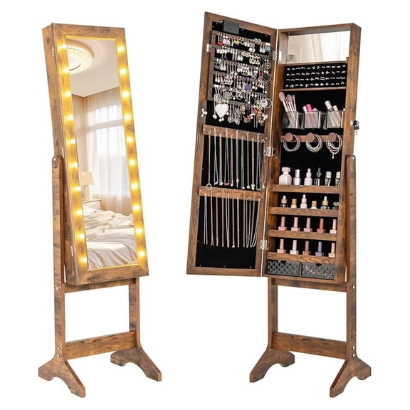 Jewelry Cabinet with Mirror & Lights, Lockable Jewelry Armoire - Rustic Brown
