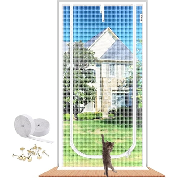 Jenmayt Reinforced Cat Screen Door, Heavy Duty Pets Proof Screen Door with Bilateral Zipper, Prevent Dogs Cats Running Out from Home, Bedroom, Living Room, Kitchen Patio Door,85x205cm,White