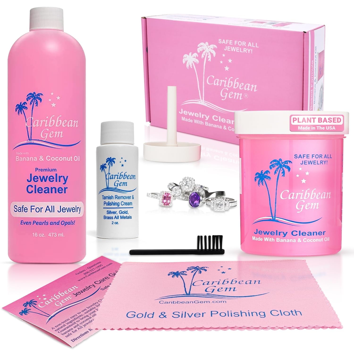 CARIBBEAN GEM Jewelry Cleaner 16oz, Includes Basket 8oz, Brush, Polishing Cream, White, 1 Count
