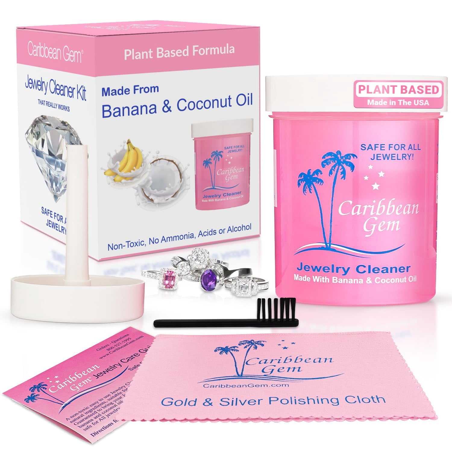 Caribbean Gem 8 oz Jewelry Cleaner With Basket, Brush and Cloth All Purpose Jewelry Cleaner Solution for Gold, Silver, Diamonds, Rings, Necklaces, Gems, Precious Stones & Metals