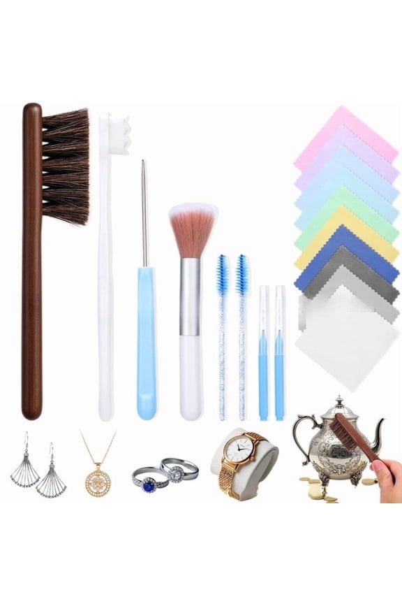Jewelry Cleaning Kit, 18 Pcs Jewelry Cleaner Brush Tool Set-Cleaning Polishing Cloth, Big & Small Hole Brush, Needles and Crevice Brush for All Most Jewelry