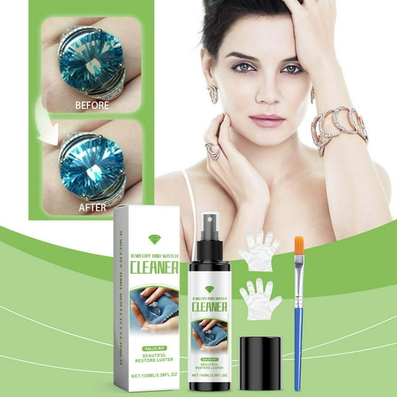 Jewelry Cleaning Spray Cleaner Brightener Restoration Solution with Brush and Gloves for Rings Necklaces Bracelets Earrings Watches Gentle Decontamination Care