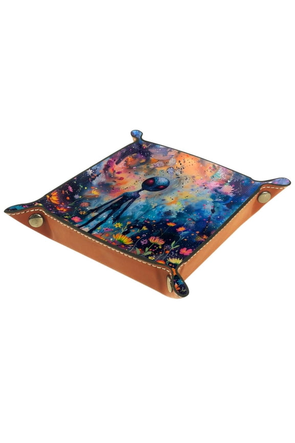 Jewelry Dish Trinket Tray Home Decor Wedding Gift for Her Small Ring Holder Blue Galaxy Alien Colorful Floral Flag, 16x16cm