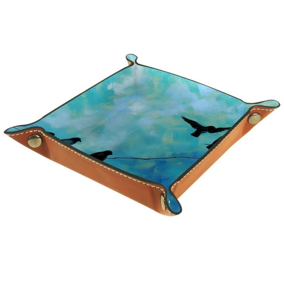 Jewelry Dish Trinket Tray Home Decor Wedding Gift for Her Small Ring Holder Blue Sky Birds Painting Flag, 16x16cm