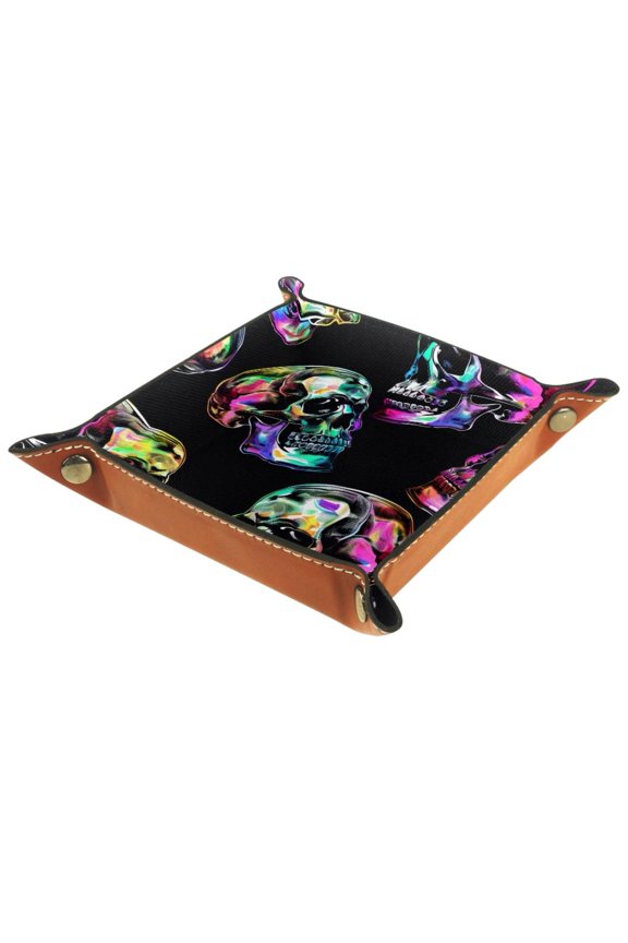 Jewelry Dish Trinket Tray Home Decor Wedding Gift for Her Small Ring Holder Bright Skulls Patterns Flag, 16x16cm
