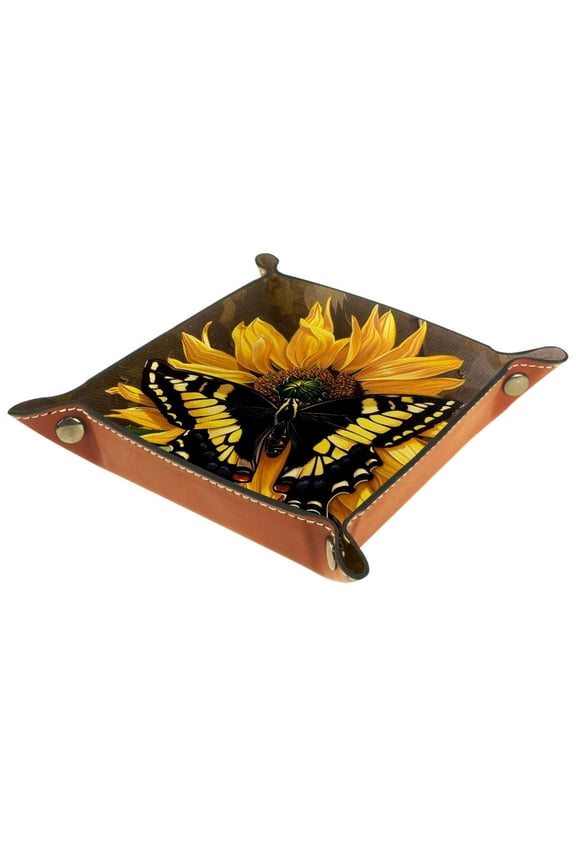 Jewelry Dish Trinket Tray Home Decor Wedding Gift for Her Small Ring Holder Butterfly Sunflower Painting Flag, 16x16cm