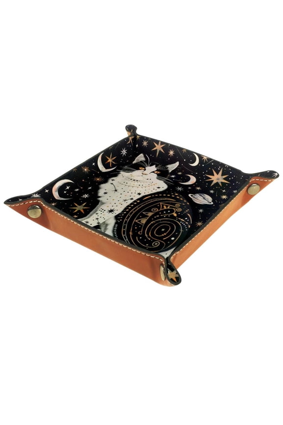 Jewelry Dish Trinket Tray Home Decor Wedding Gift for Her Small Ring Holder Cat Planets Stars Pattern Flag, 16x16cm
