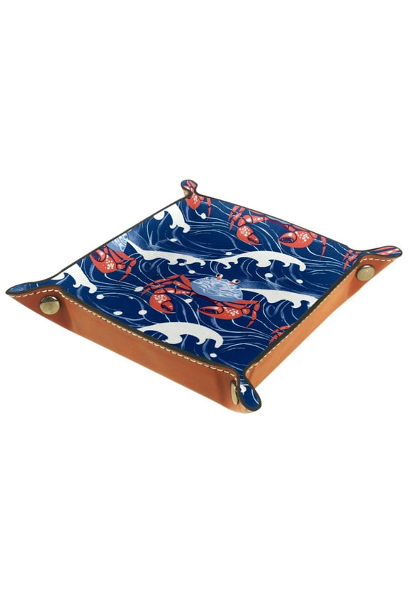Jewelry Dish Trinket Tray Home Decor Wedding Gift for Her Small Ring Holder Cute Crab Blue Wave Pattern Flag, 16x16cm