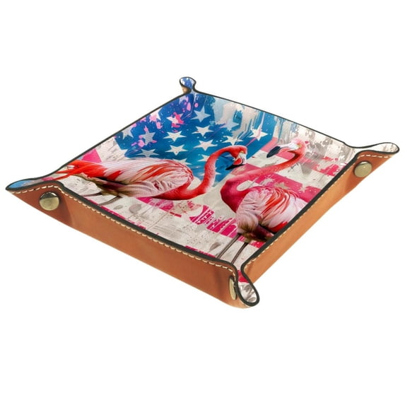 Jewelry Dish Trinket Tray Home Decor Wedding Gift for Her Small Ring Holder Flamingos and USA Flag Flag, 16x16cm