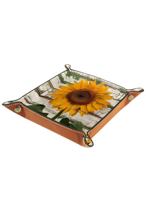 Jewelry Dish Trinket Tray Home Decor Wedding Gift for Her Small Ring Holder Green Wood Board Sunflower Flag, 16x16cm