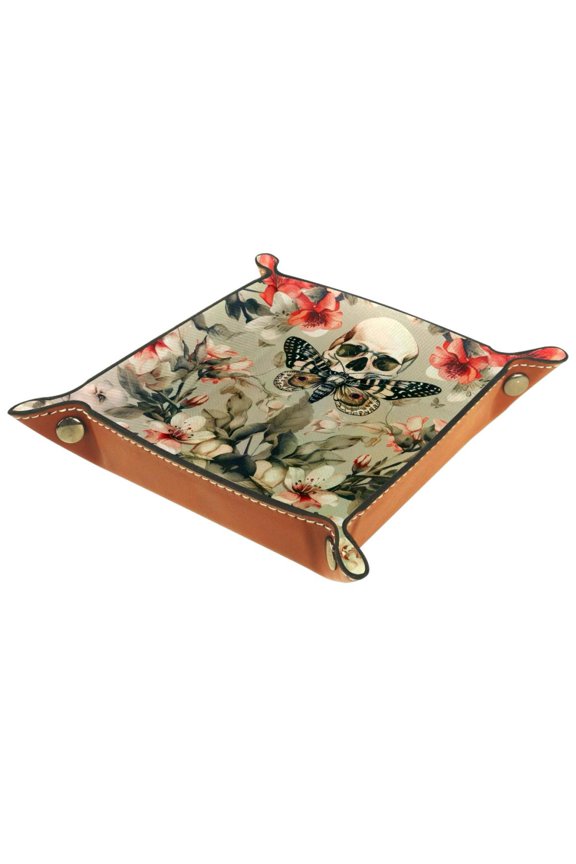 Jewelry Dish Trinket Tray Home Decor Wedding Gift for Her Small Ring Holder Hawk Moth Flower Skull Pattern Flag, 16x16cm