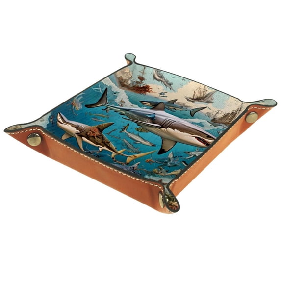 Jewelry Dish Trinket Tray Home Decor Wedding Gift for Her Small Ring Holder Marine Shark Vintage Map Flag, 16x16cm