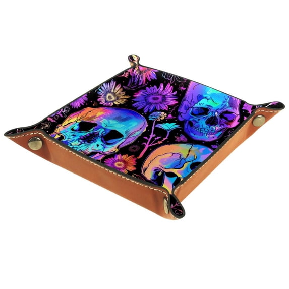 Jewelry Dish Trinket Tray Home Decor Wedding Gift for Her Small Ring Holder Neon Skull Flower Patterns Flag, 16x16cm