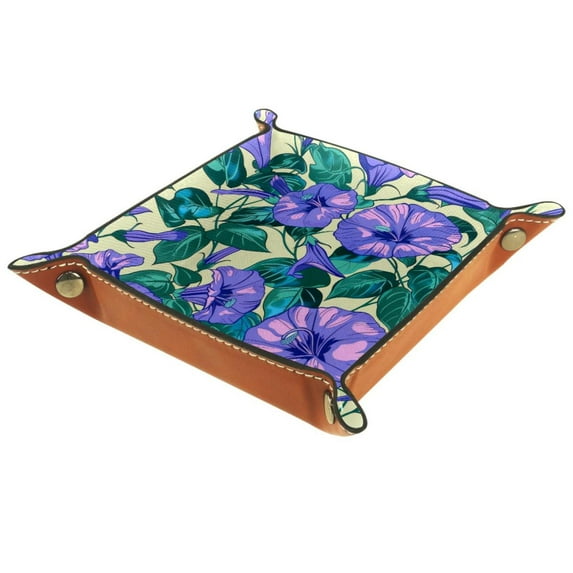 Jewelry Dish Trinket Tray Home Decor Wedding Gift for Her Small Ring Holder Purple Morning Glory Blossoms Pattern Flag, 16x16cm