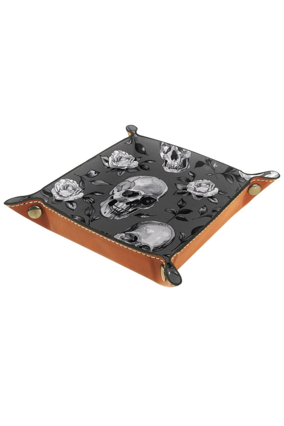 Jewelry Dish Trinket Tray Home Decor Wedding Gift for Her Small Ring Holder Skull Rose Floral Pattern Flag, 16x16cm