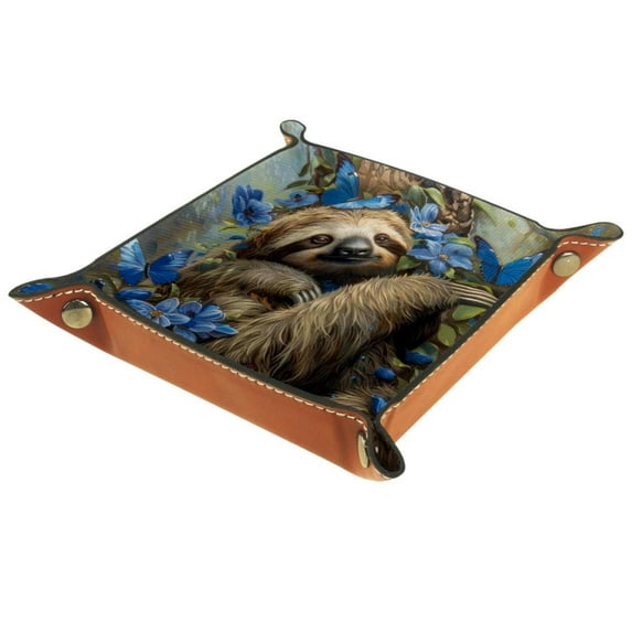 Jewelry Dish Trinket Tray Home Decor Wedding Gift for Her Small Ring Holder Sloth and Blue Butterflies Flag, 16x16cm