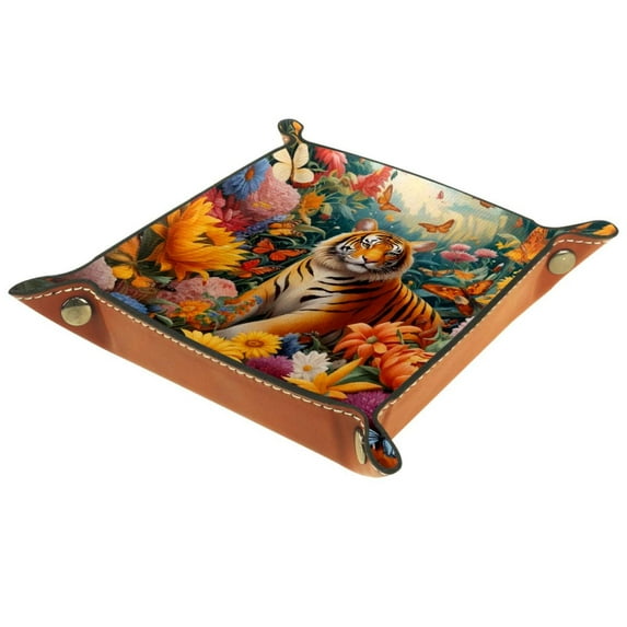 Jewelry Dish Trinket Tray Home Decor Wedding Gift for Her Small Ring Holder Tiger Among Sunflower Butterfly Flag, 16x16cm