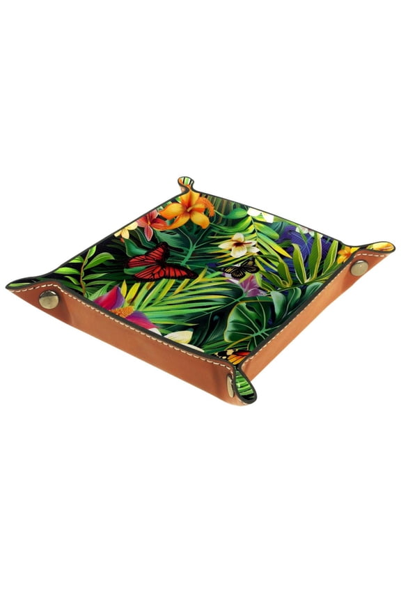 Jewelry Dish Trinket Tray Home Decor Wedding Gift for Her Small Ring Holder Tropical Leaf Flowers Butterfly Flag, 16x16cm